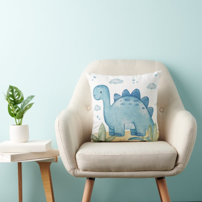 Cute Blue Dinosaur Nursery Throw Pillow Watercolor (Chair)