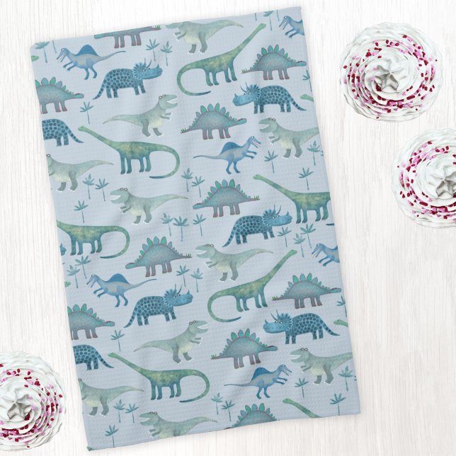 Cute Blue Dinosaur Pattern Tea Towel (Blue dinosaur art kitchen tea towel)