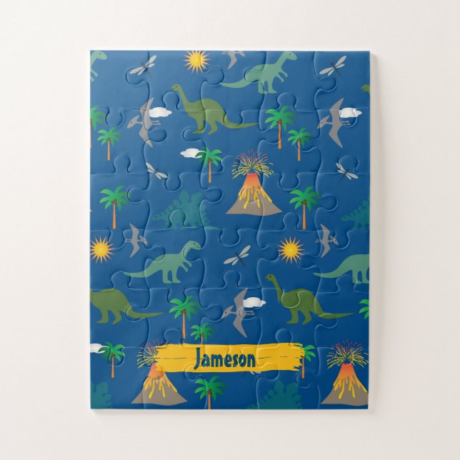 Cute Blue Dinosaur Pattern Wildlife Plants Name Jigsaw Puzzle (Vertical)