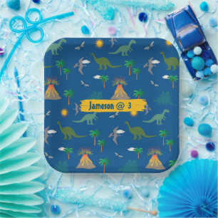 Cute Blue Dinosaur Pattern Wildlife Plants Name Paper Plate