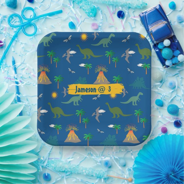 Cute Blue Dinosaur Pattern Wildlife Plants Name Paper Plate (Party)