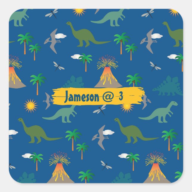 Cute Blue Dinosaur Pattern Wildlife Plants Name Square Sticker (Front)