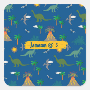 Cute Blue Dinosaur Pattern Wildlife Plants Name Square Sticker