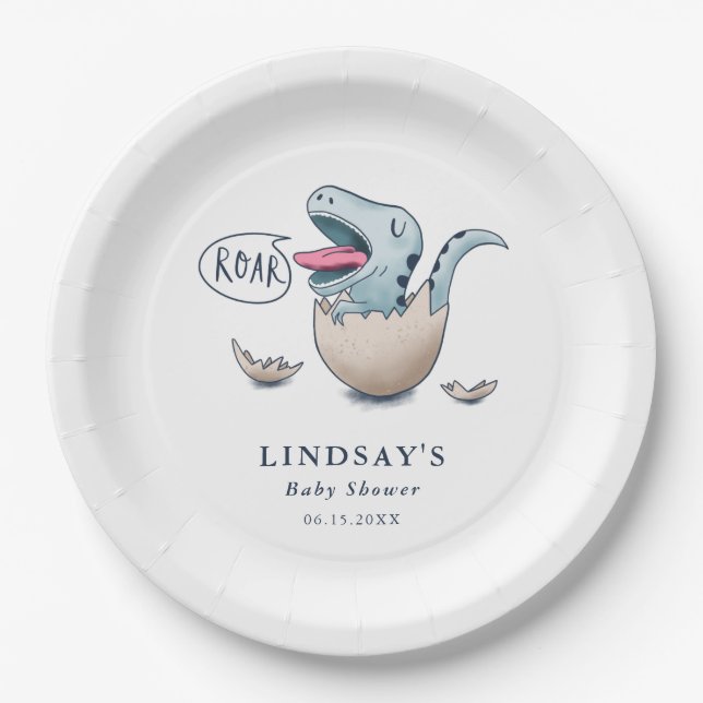 Cute Blue Dinosaur ROAR Baby Shower Paper Plate (Front)