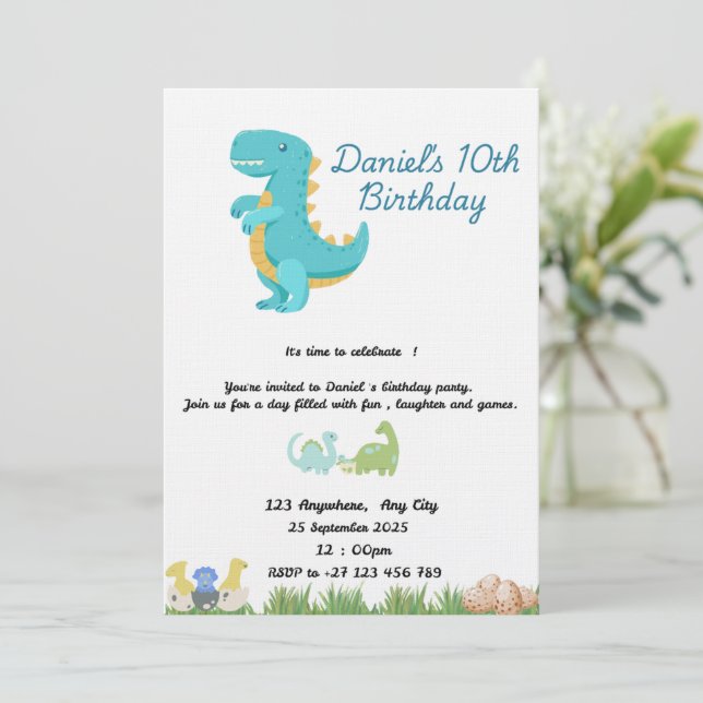 Cute Blue Dinosaur Theme Invitation (Standing Front)