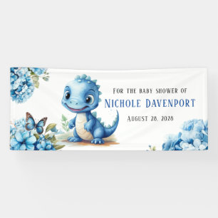 Cute Blue Dinosaur with Florals Boy Baby Shower Banner