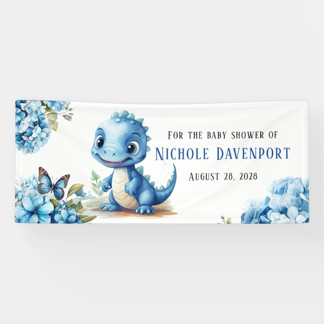 Cute Blue Dinosaur with Florals Boy Baby Shower Banner (Horizontal)