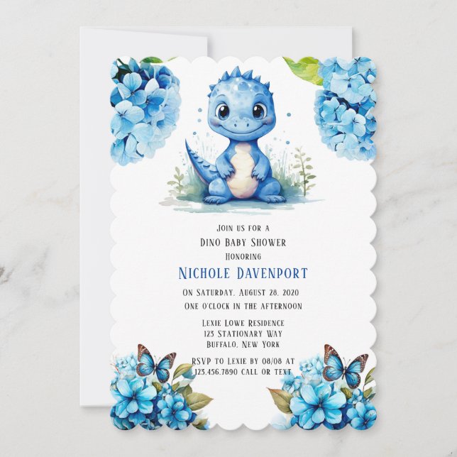 Cute Blue Dinosaur with Florals Boy Baby Shower Invitation (Front)