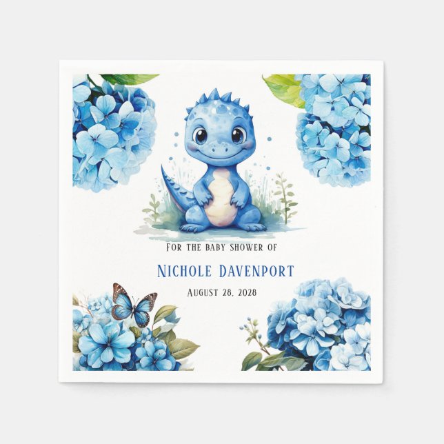 Cute Blue Dinosaur with Florals Boy Baby Shower Napkin (Front)