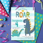 Cute Blue Dinosaurs Stomp Chomp Roar Boy Birthday Invitation<br><div class="desc">“Stomp, chomp and roar”. Here’s a great way to celebrate your child’s birthday with friends and family. Send out this cute, fun, simple, festive, modern, personalised birthday party invitation. A fun, whimsical, playful visual of a cute, bold, kawaii, turquoise blue brontosaurus, navy blue t-rex, and fun, handwritten typography over a...</div>