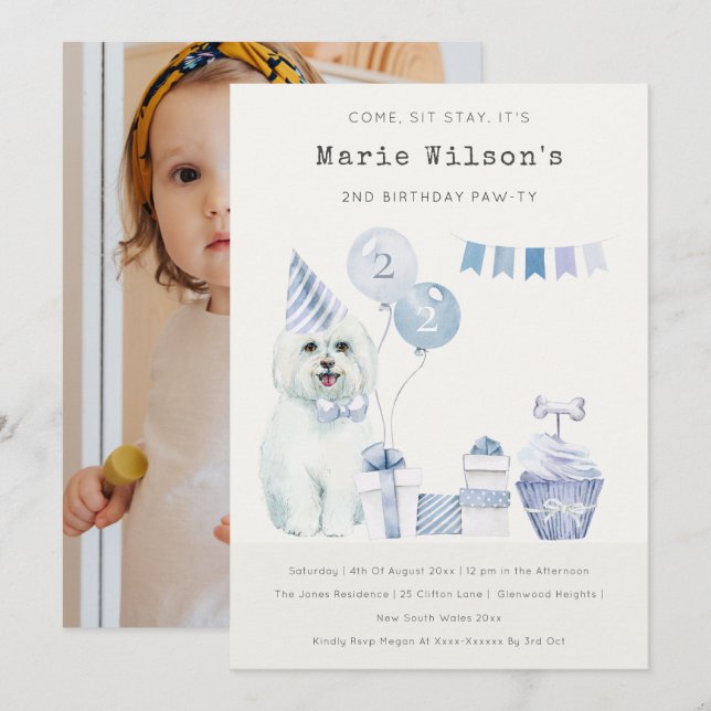 Cute Blue Dog Any Age Birthday Photo Party Invite  (Front/Back)