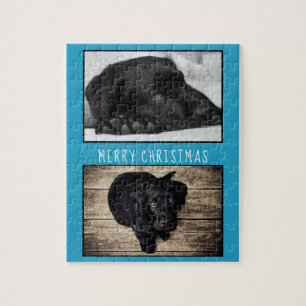 Cute Blue Dog Puppy 2 Photo Collage Christmas Jigsaw Puzzle