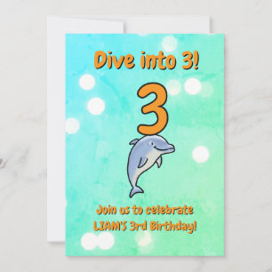 Cute Blue Dolphin 3rd Birthday Dive Into 3 Invitation