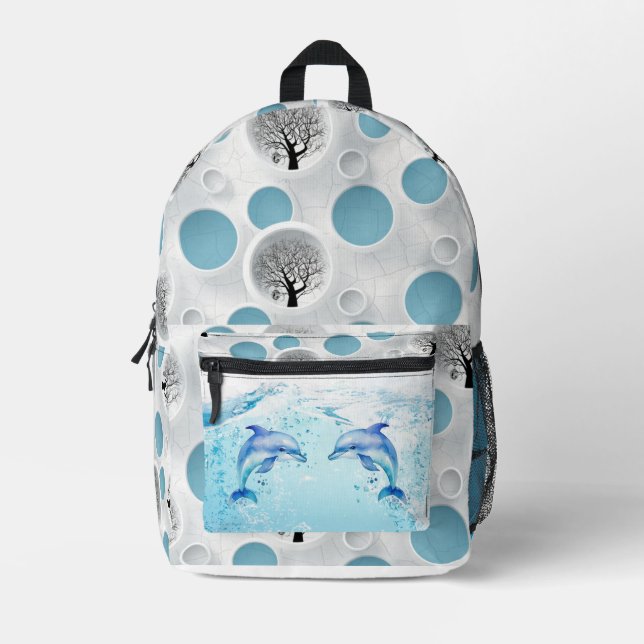 cute blue dolphin abstract modern mural printed backpack (Front)