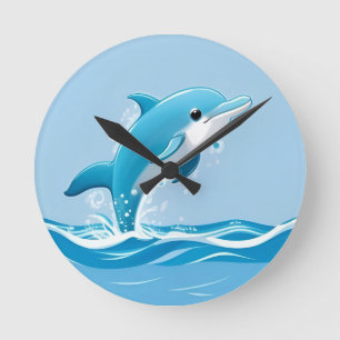Cute Blue Dolphin Playing Happily in Water Round Clock