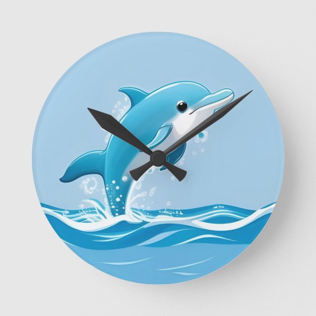 Cute Blue Dolphin Playing Happily in Water Round Clock (Front)