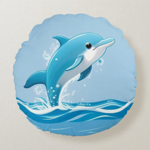 Cute Blue Dolphin Playing Happily in Water Round Cushion