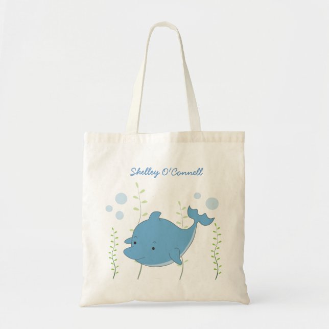 Cute Blue Dolphin School Book Library Canvas Bag (Front)