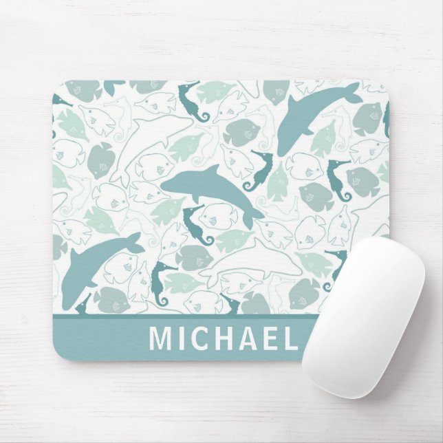 Cute Blue Dolphin Sea Life Nautical Pattern Kids Mouse Mat (With Mouse)