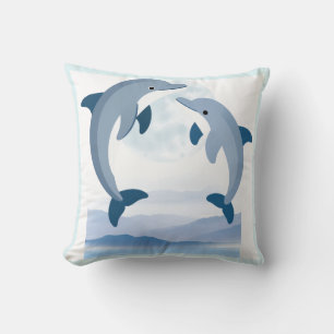 Cute Blue Dolphins Ocean Throw Pillow Coastal Be