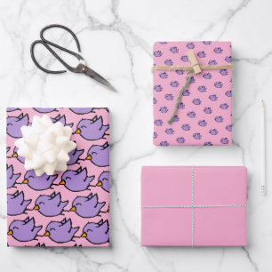 Cute Blue Doodle Birds Pink and Raspberry Rose Wrapping Paper Sheet