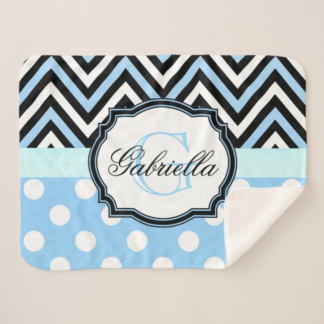 Cute Blue Dots and Stripes Sherpa Blanket (Front (Horizontal))