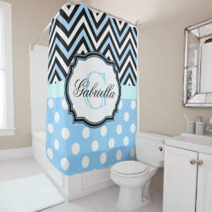 Cute Blue Dots and Stripes Shower Curtain