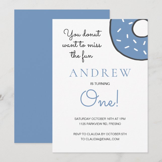 Cute Blue Doughnut Boy Turning One First Birthday Invitation (Front/Back)