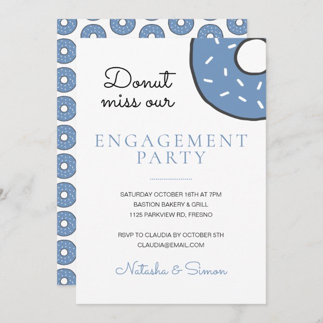 Cute Blue Doughnut Funny Engagement Party Invitation (Front/Back)