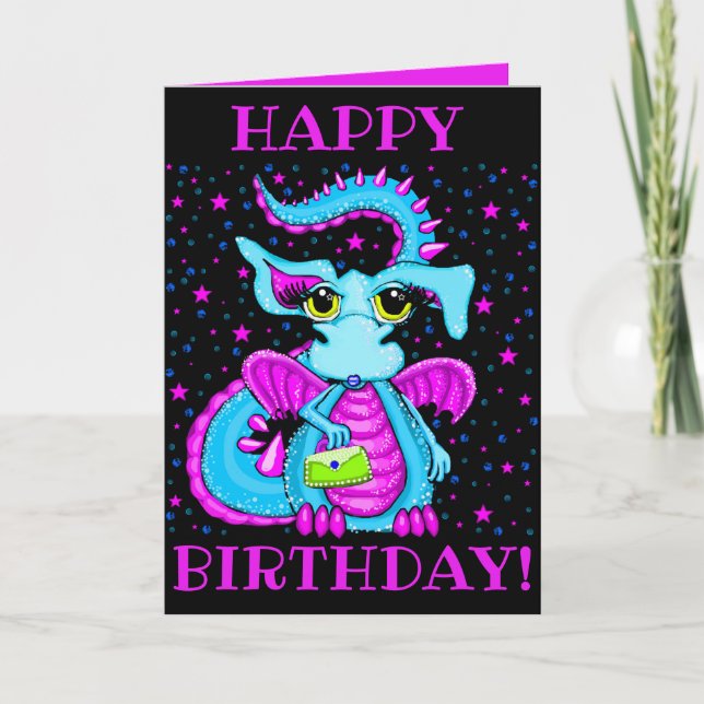 Cute Blue Dragon Cartoon Personalised Birthday Card (Front)