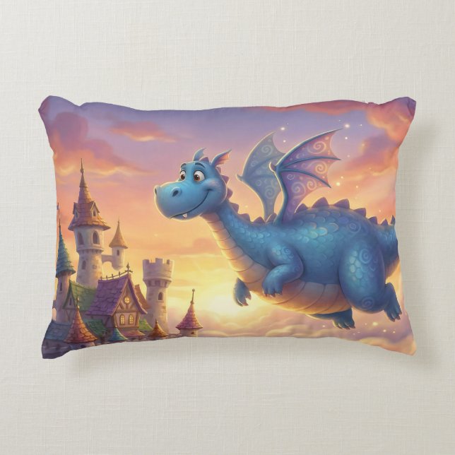 Cute Blue Dragon Flying Over Castle Decorative Cushion (Front)