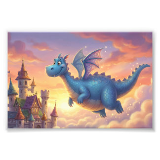 Cute Blue Dragon Flying Over Castle Photo Print