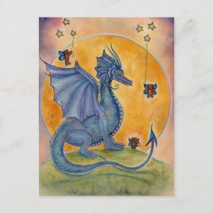 Cute blue dragon with bears and stars postcard