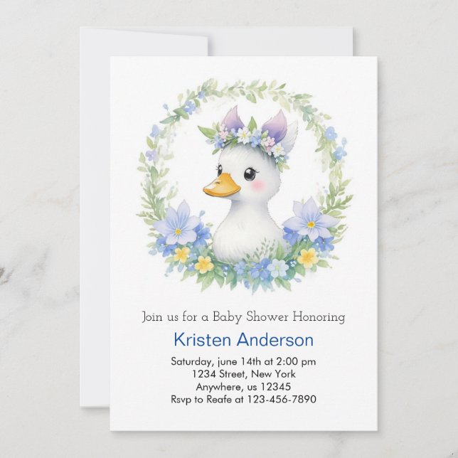Cute Blue Duck Watercolor Bliss Boy Baby Shower Invitation (Front)