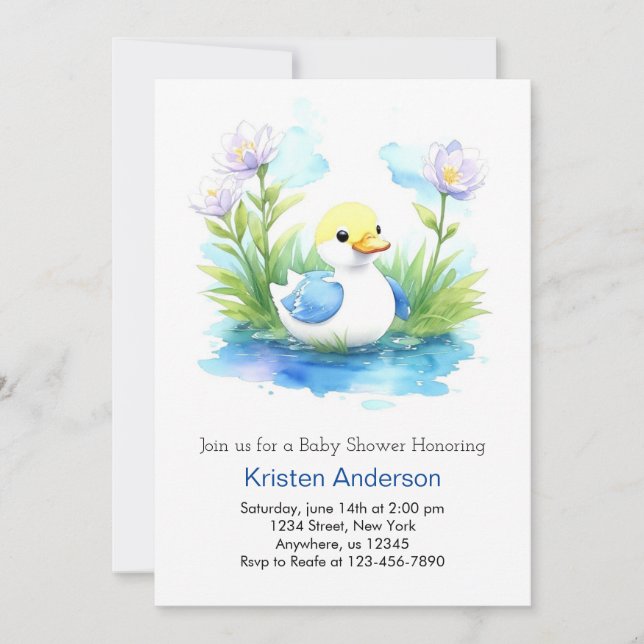 Cute Blue Duckling Meadow Boy Baby Shower Invitation (Front)