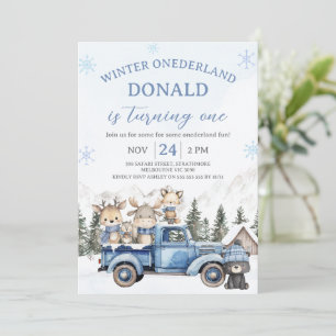 Cute Blue Editiable Winter Onederland Birthday  Invitation
