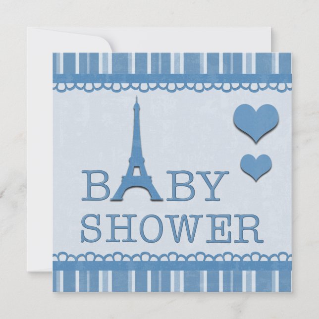 Cute Blue Eiffel Tower and Hearts Baby Shower Invitation (Front)