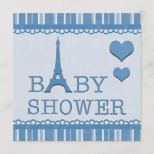 Cute Blue Eiffel Tower and Hearts Baby Shower Invitation