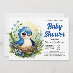 Cute Blue Elegant Bird Boy Baby Shower Invitation