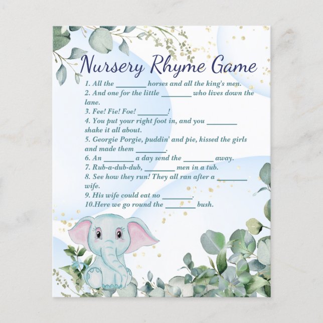 Cute Blue Elephant and Eucalyptus Baby Shower Game Flyer (Front)