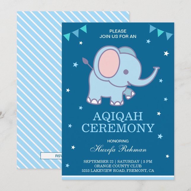 Cute Blue Elephant Baby Boy Aqiqah Invitation (Front/Back)