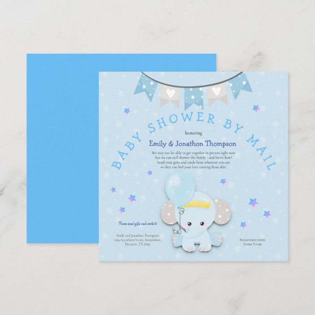 Cute Blue Elephant Baby Shower By Mail Invitation (Front/Back)