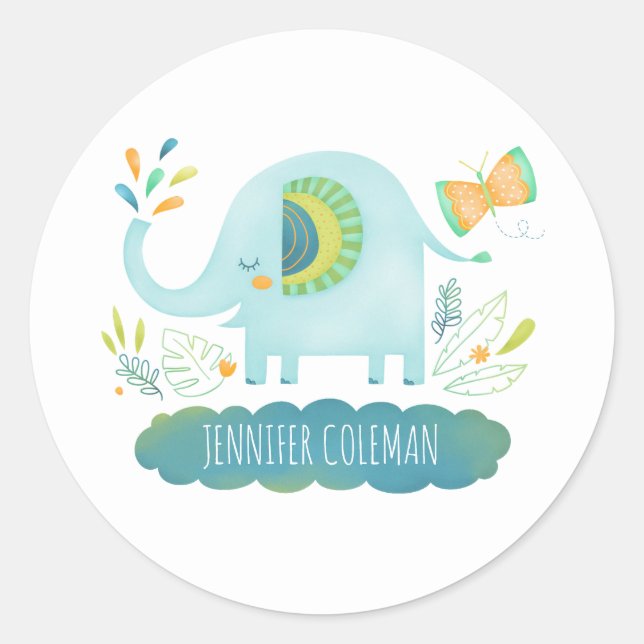 Cute Blue Elephant Baby Shower Classic Round Sticker (Front)