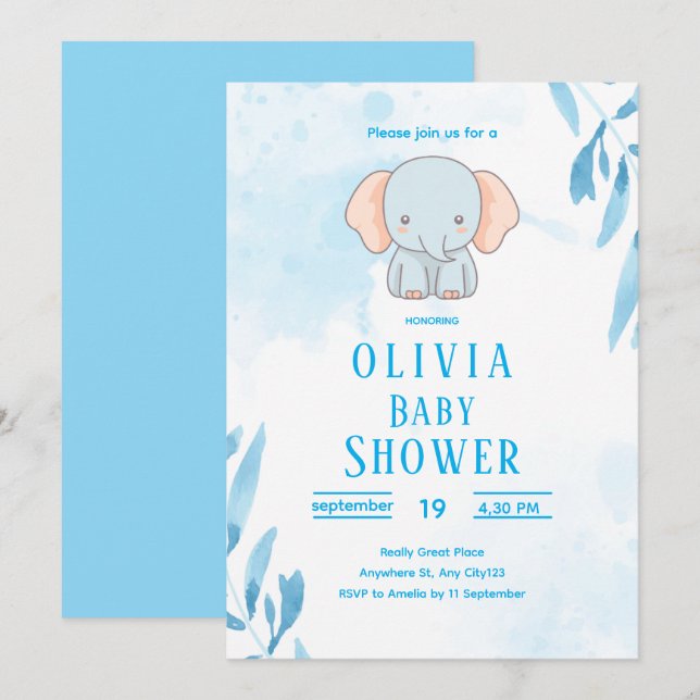 Cute Blue Elephant Baby Shower Invitation