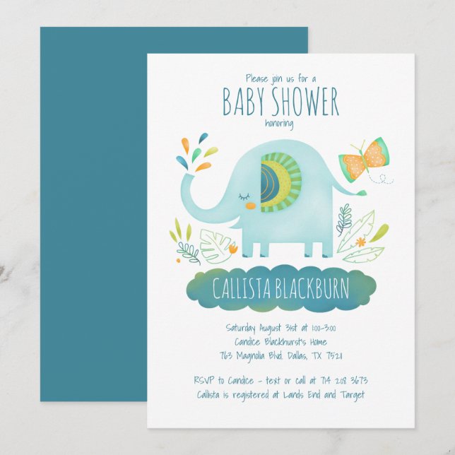 Cute Blue Elephant Baby Shower Invitation (Front/Back)
