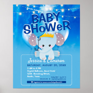 Cute Blue Elephant & Balloons Baby Party Flyer Poster