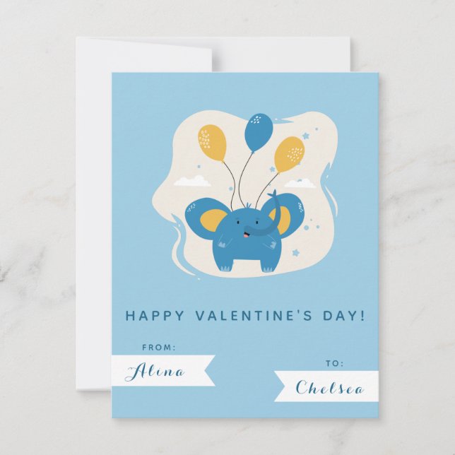Cute Blue Elephant & Balloons Kids Valentines Day Card (Front)