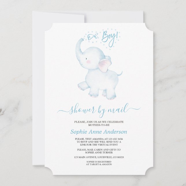 Cute Blue Elephant Boy Baby Shower By Mail Invitation (Front)