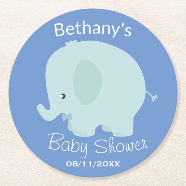 Cute Blue Elephant Boy Baby Shower Custom Round Paper Coaster (Front)