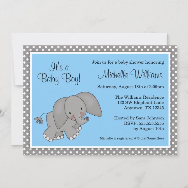Cute Blue Elephant Boy Baby Shower Invitation (Front)